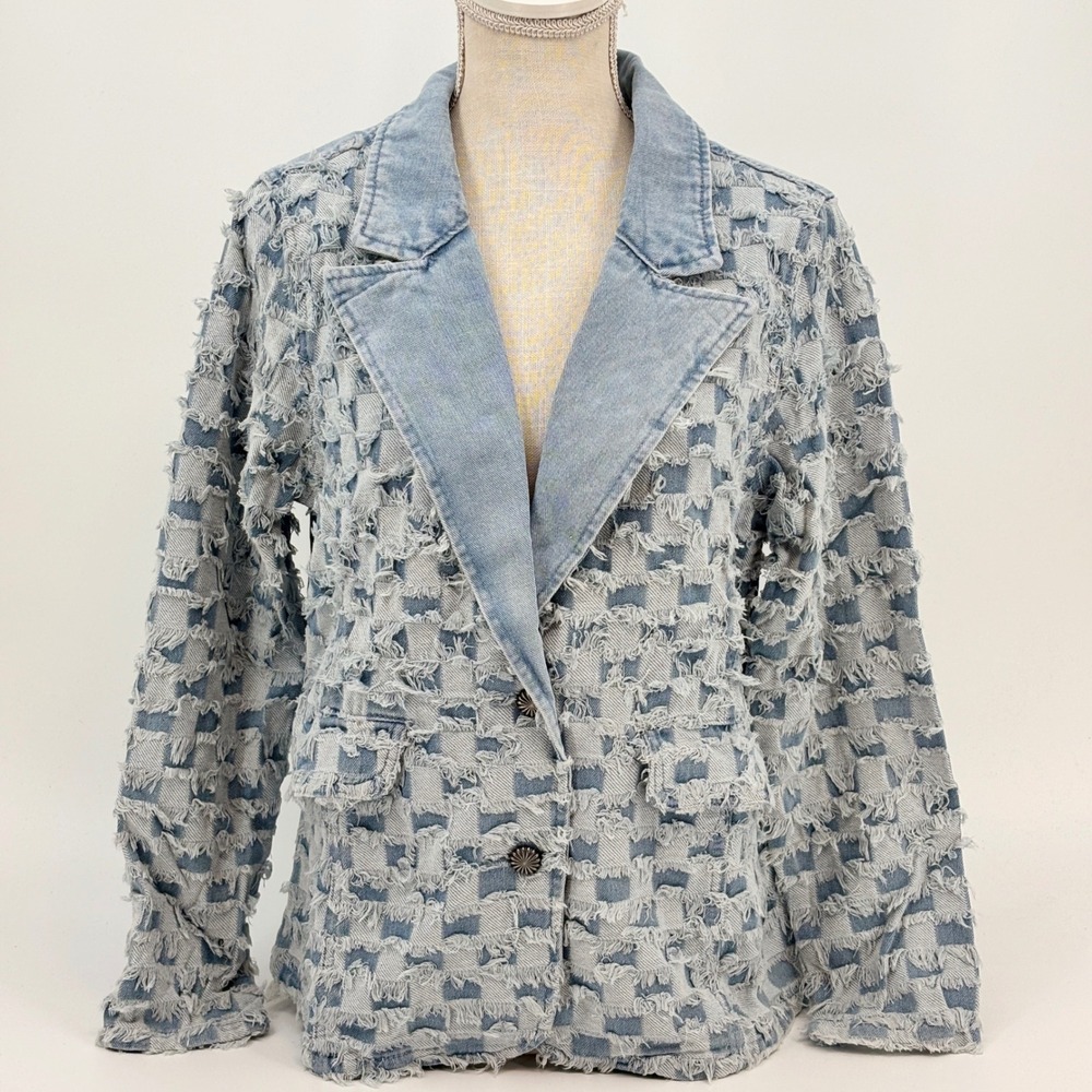 Two 2 Fly Denim Blazer Women Medium Blue Distressed Checkerboard Frayed Western